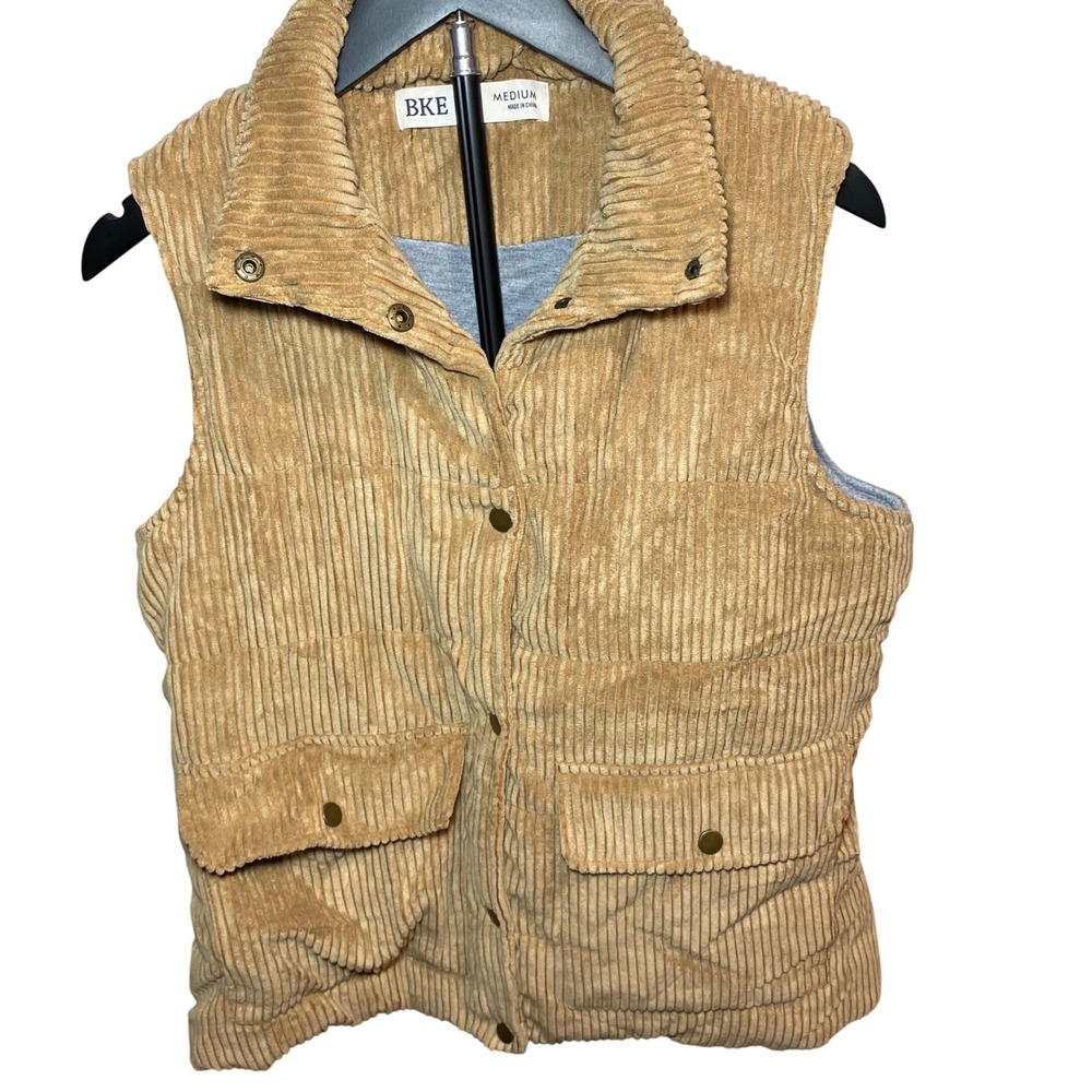 BKE Tan Corduroy Puffer Vest Womens Medium Camel Brown Quilted Snap Front Pocket